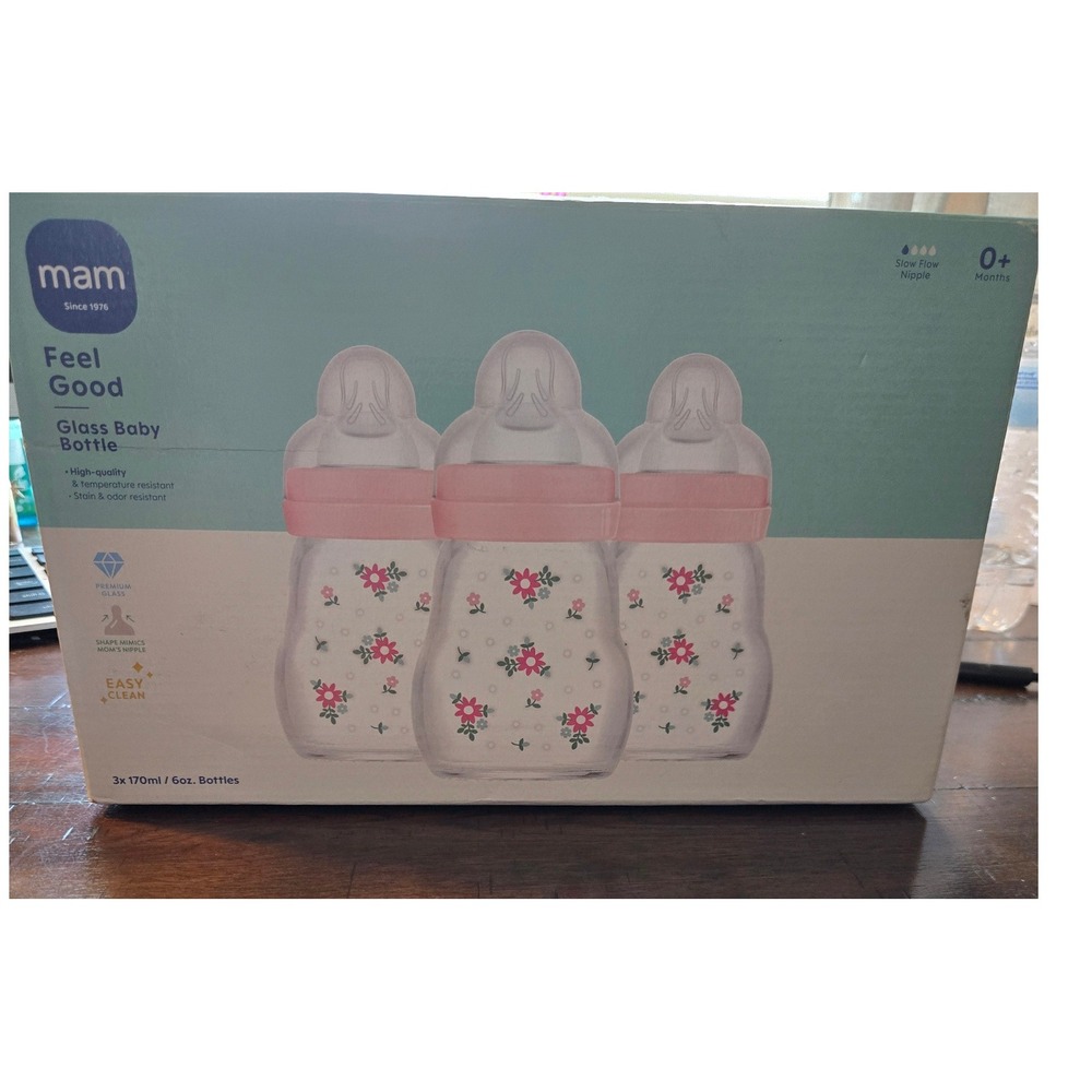 MAM Feel Good Glass Baby Bottle 3 Pack 6oz 170ml Slow Flow Nipple 0+ Months Pink